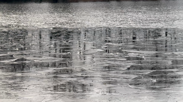 The middle of the river is flowing water. Near the shore, melting ice. 