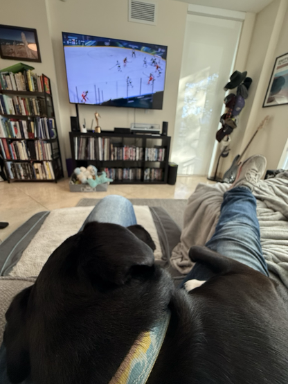 I’m sitting on the couch watching Olympic ice hockey. Waffles, my black German Shepard mix crawled up on my lap and laid down. He is the picture of happiness. 