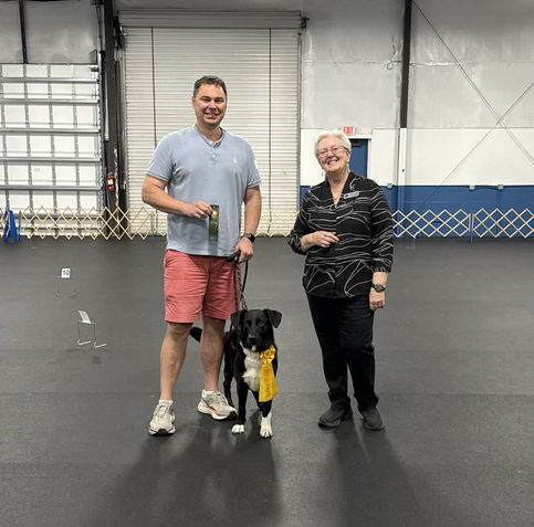 A black dog is wearing a yellow 3rd place ribbon. To the left is the dog’s person, to the right, the judge. 